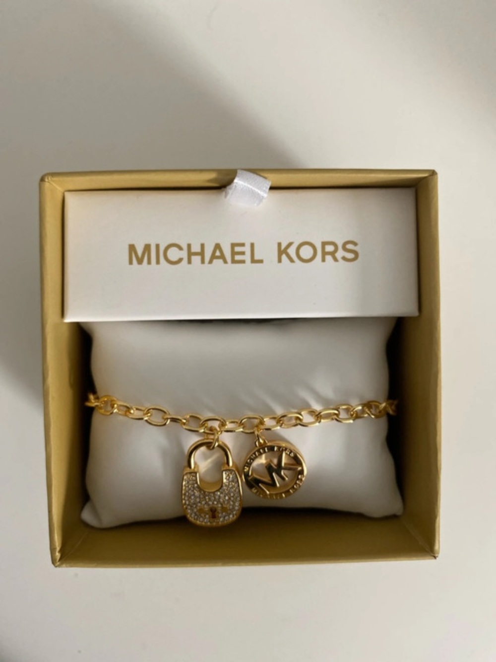 Michael Kors Gold-Tone Charm Bracelet with Crystal Padlock and MK Disc